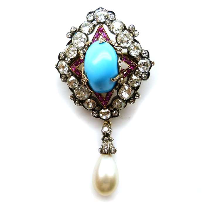 Turquoise, ruby, diamond and pearl pendant brooch
